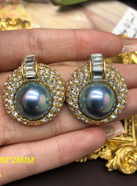 简约气质灰色巴洛克珍珠水晶宝石项链耳钉耳夹套装复古百搭锁骨链