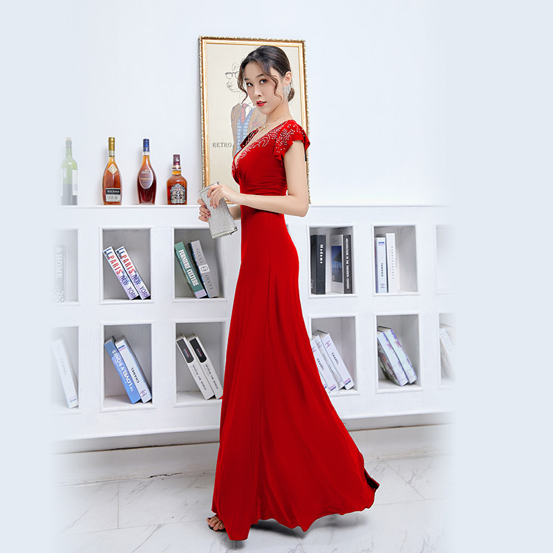 夜总店性感连衣裙v领拼接短袖套头a型长裙高腰通勤日常晚礼服黑色