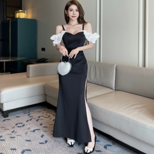 性感吊带连衣裙女黑色露肩泡泡袖修身显瘦开叉包臀长裙时尚晚宴风