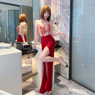 性感风红色吊带长裙女无袖高腰开叉包臀吊带高端镶钻夜场礼服显瘦