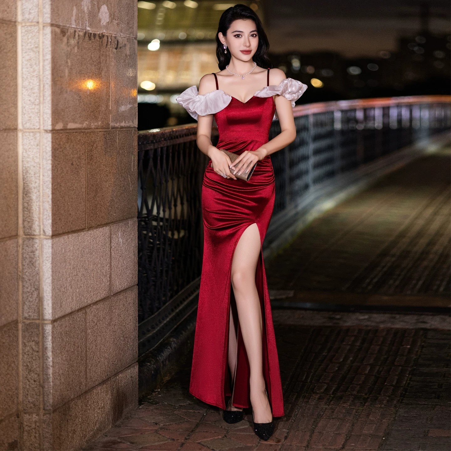 时尚晚宴风性感吊带长裙开叉包臀法式荷叶低胸气质显瘦晚礼服长款,女装/女士精品,礼服/晚装,淘宝优惠券,粉丝福利购,淘宝优惠卷
