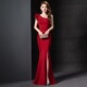 斜单肩晚礼服长款 宴会婚礼敬酒服洋气连衣裙红色 包臀高贵轻奢无袖