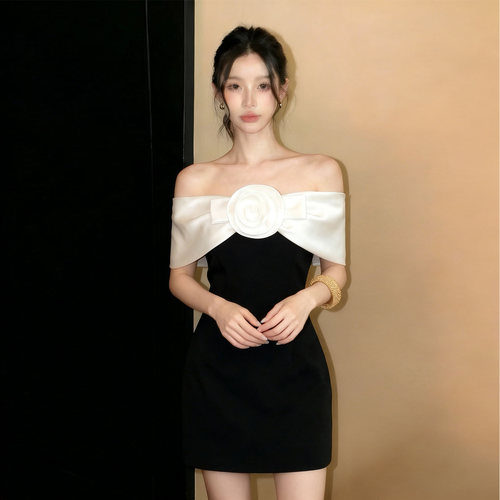 千金风一字肩玫瑰宴会礼服短裙
