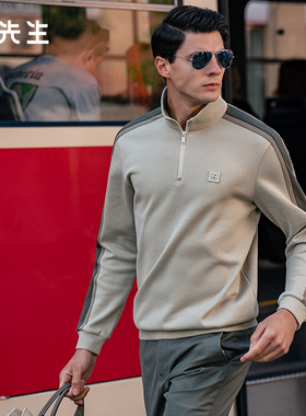 MrBu布先生撞色条纹拼接加厚保暖长袖t恤半高拉链立领男士BT12330