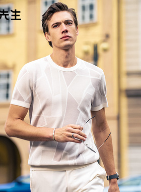 MrBu布先生几何艺术拼接针织t恤男2025春夏时尚圆领男短袖ET15132