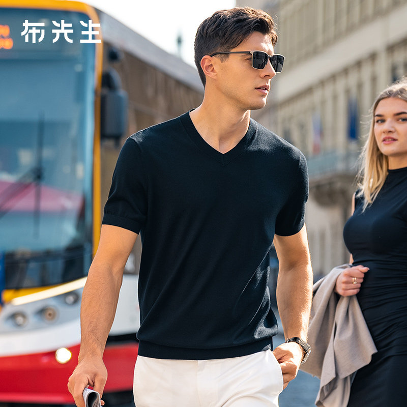 MrBu布先生可机洗澳洲纯色羊毛衫秋季基础v领羊毛t恤男装BT15399