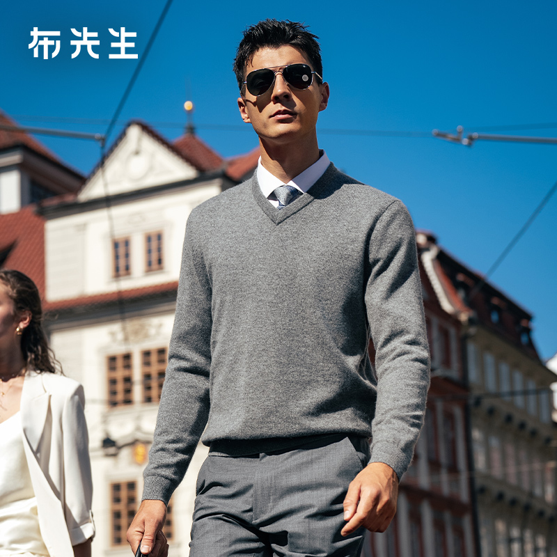 MrBu布先生轻商务罗纹V领羊绒衫2025秋冬新款保暖上衣男BT16919