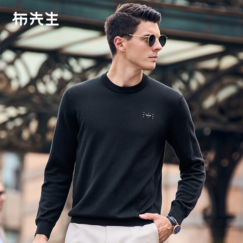 MrBu布先生字母绣花羊毛t恤秋冬100%羊毛保暖羊毛衫男BT11978