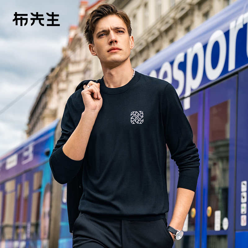 MrBu布先生澳洲纯羊毛T恤秋冬时尚薄款绣花舒适羊毛衫男款PT15552