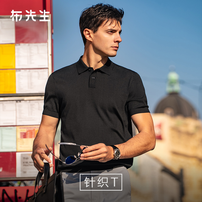 MrBu布先生三粒扣翻领针织t恤男