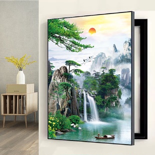新中式山水免打孔电表箱装饰画竖款遮挡配电箱电闸源空开竖版挂画