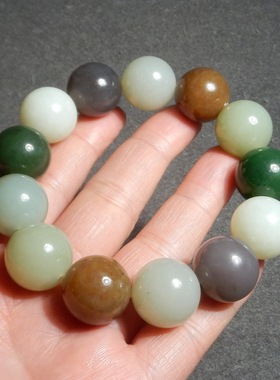 重磅方言和田玉精品收藏糖玉白玉烟紫俄碧玉18mm大圆珠多宝手串X3