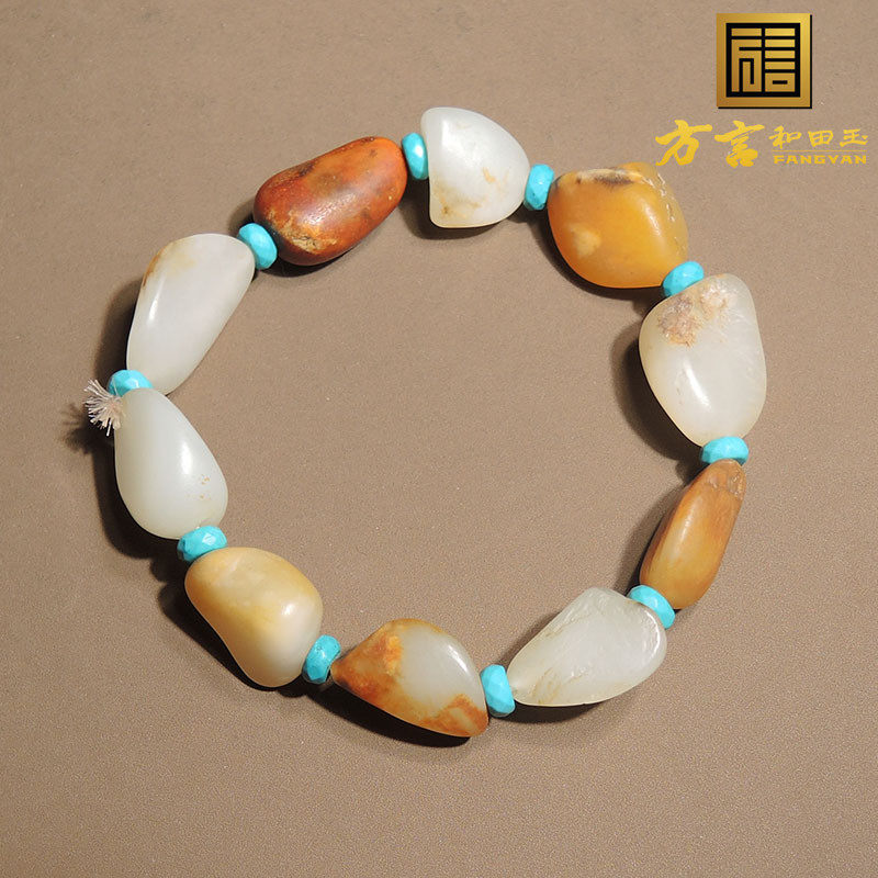 惊呆了方言精品和田玉特色老熟油润黄沁皮白玉籽料原石手串手链h4