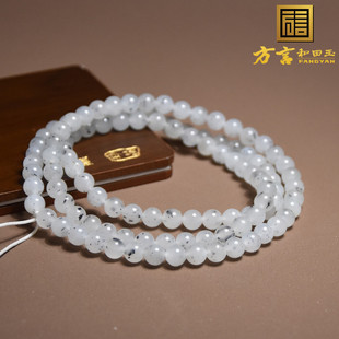 方言和田玉精品珍藏级新疆玉龙河羊脂白玉点墨青花籽料6mm项链h8