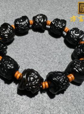 重磅级巨放漏方言品牌和田玉特色温润细腻墨玉醒狮手串手链S6