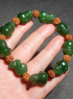 方言和田玉精品珍藏级俄罗斯老坑料油润菠菜绿碧玉貔貅手串手链X3
