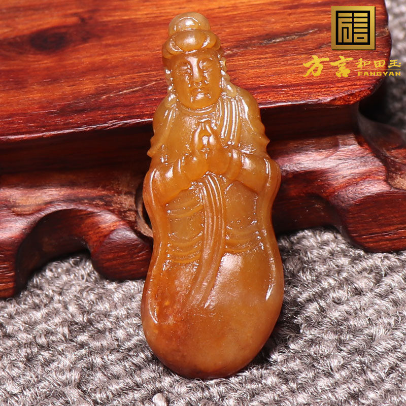 方言和田玉珍品新疆老熟栗子黄黄色原生黄玉独籽料普渡众生吊坠n