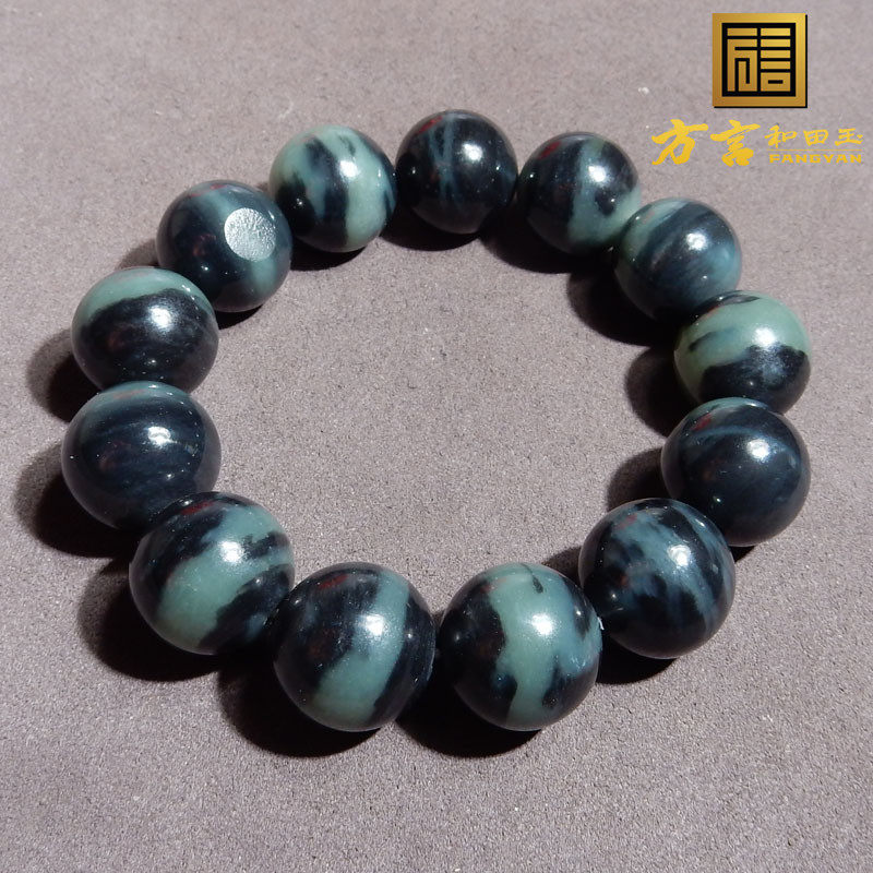 方言特色精品新疆玉龙河产青花籽料一线天高油糯卡16圆珠手链w4