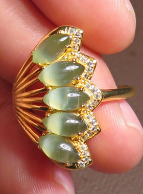 上新品方言和田玉罕见俄罗斯老坑料鸭蛋青925银带猫眼戒指X7