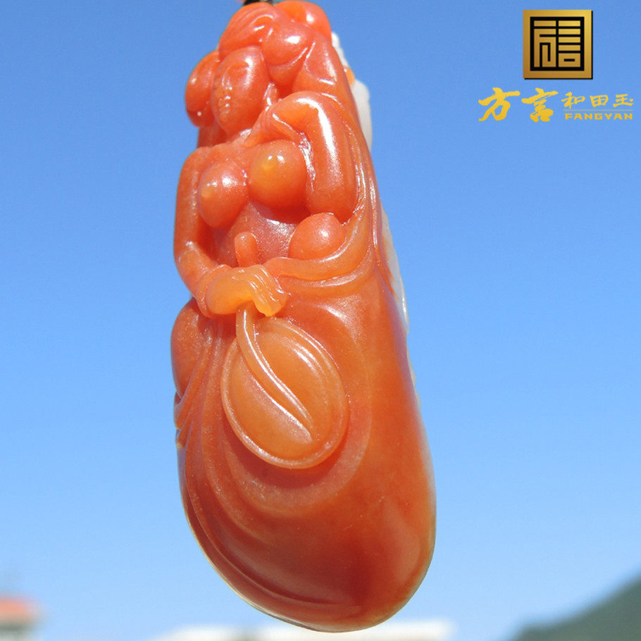 方言镇店之宝老熟珍品双色玉聚红桔皮高白羊脂玉籽料吊坠手把件O