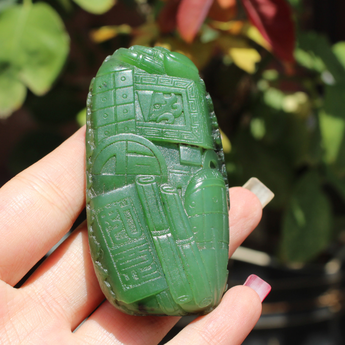 上新了方言和田玉老坑俄罗斯料菠菜绿精美雕刻锦辉堆手把件挂件A2