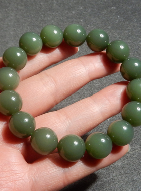 美滋滋方言和田玉俄罗斯老坑料鸭蛋青碧玉卡13mm圆珠手串手链X3