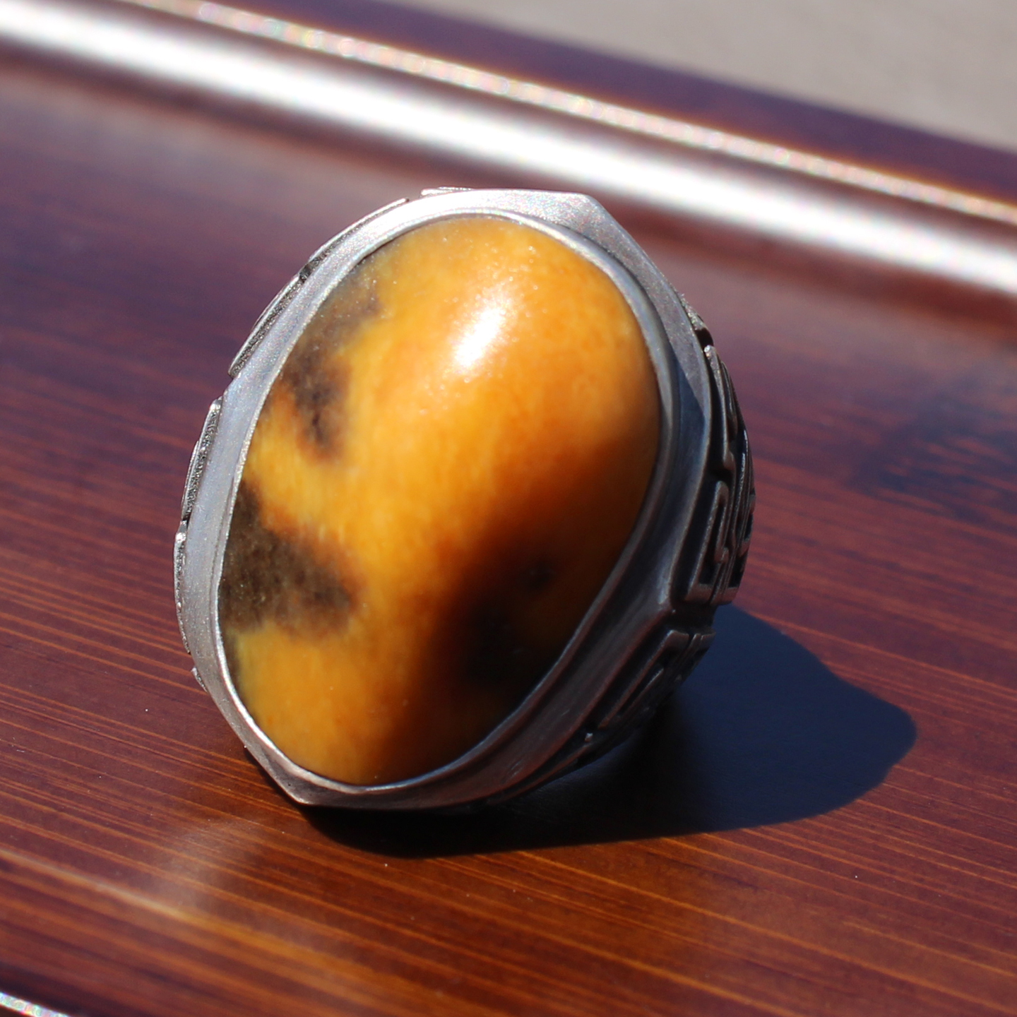 黄沁籽料925银复古工艺原石戒指