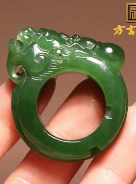 方言收藏和田玉老坑俄罗斯碧玉阳绿带猫眼苏工貔貅21mm扳指戒指O2