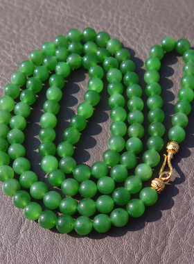 方言精品和田玉珍藏级俄罗斯碧玉老料冰偷苹果绿6mm圆珠项链X5