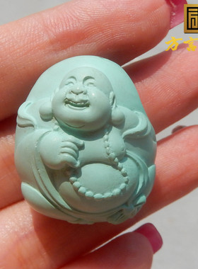 天然绿松石随型原石布袋佛吊坠