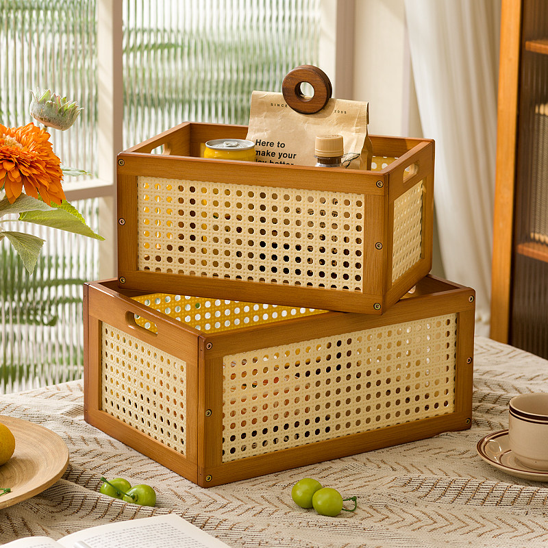 复古塑藤收纳筐桌面实木收盒家用卧室零食盒玩具无盖竹制收纳盒,收纳整理,收纳筐,淘宝优惠券,粉丝福利购,淘宝优惠卷