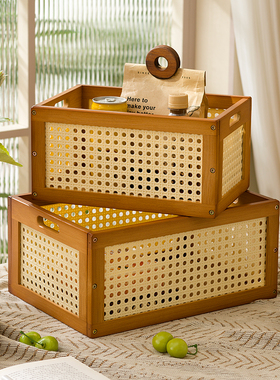 复古塑藤收纳筐桌面实木收盒家用卧室零食盒玩具无盖竹制收纳盒