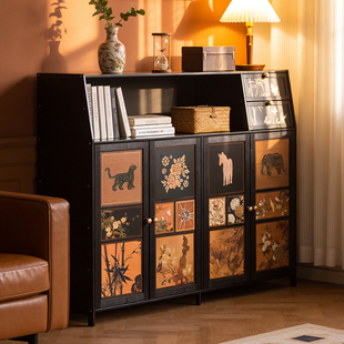 书架落地矮书柜中古风家用客厅收纳置物柜玄关柜带门防尘储物柜子