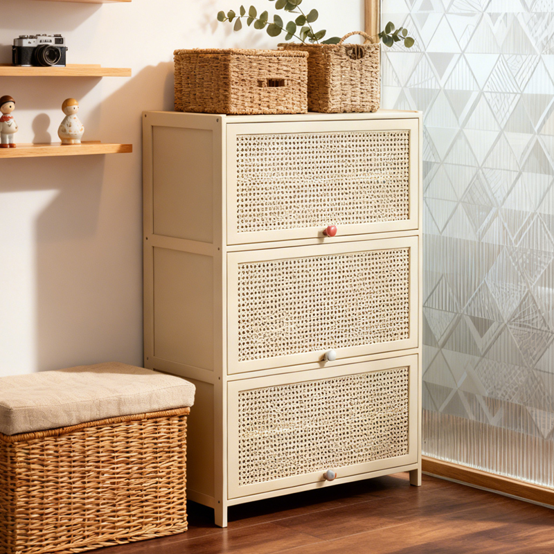 十一维度奶油风塑藤翻门鞋柜