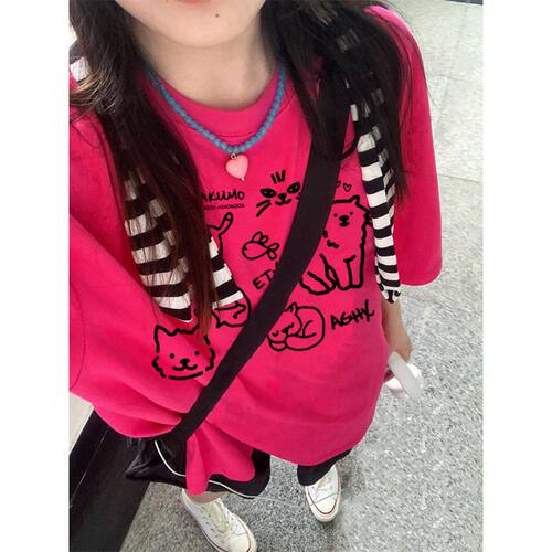 玫红色纯棉短袖T恤女2026夏季新款设计感小众美式慵懒风宽松上衣