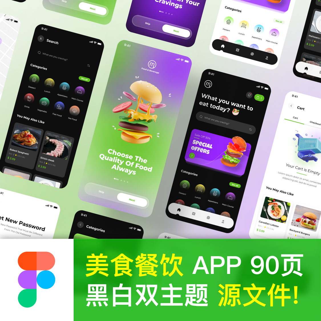 美食餐饮-APP 90页 黑白双主题 源文件! 餐厅APP外卖产品UI设计！
