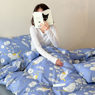 春夏温柔蓝全棉宿舍学生单人床笠床单三四件套如茉被套兰金喵