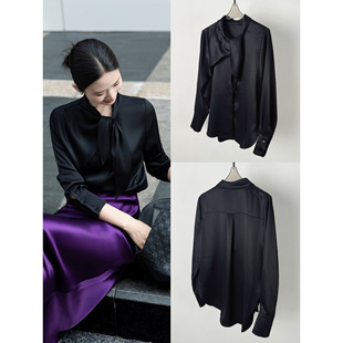 进口重磅醋酸优雅系带衬衣法式飘带领醋酸衬衫女不规则高级感设计