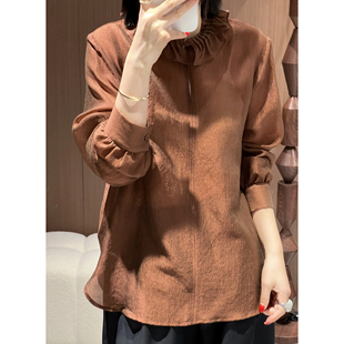 时尚百搭荷叶花边翻领宽松咖色衬衣女高级人丝肌理感微透打底衫春
