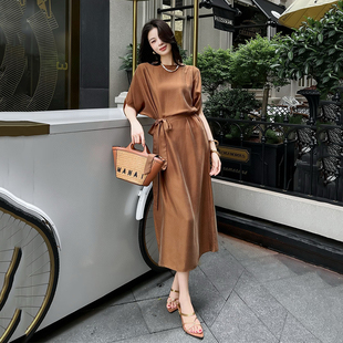 法式 老钱风系带显瘦优雅OL气质长裙 砂洗铜氨丝收腰遮肉连衣裙夏季