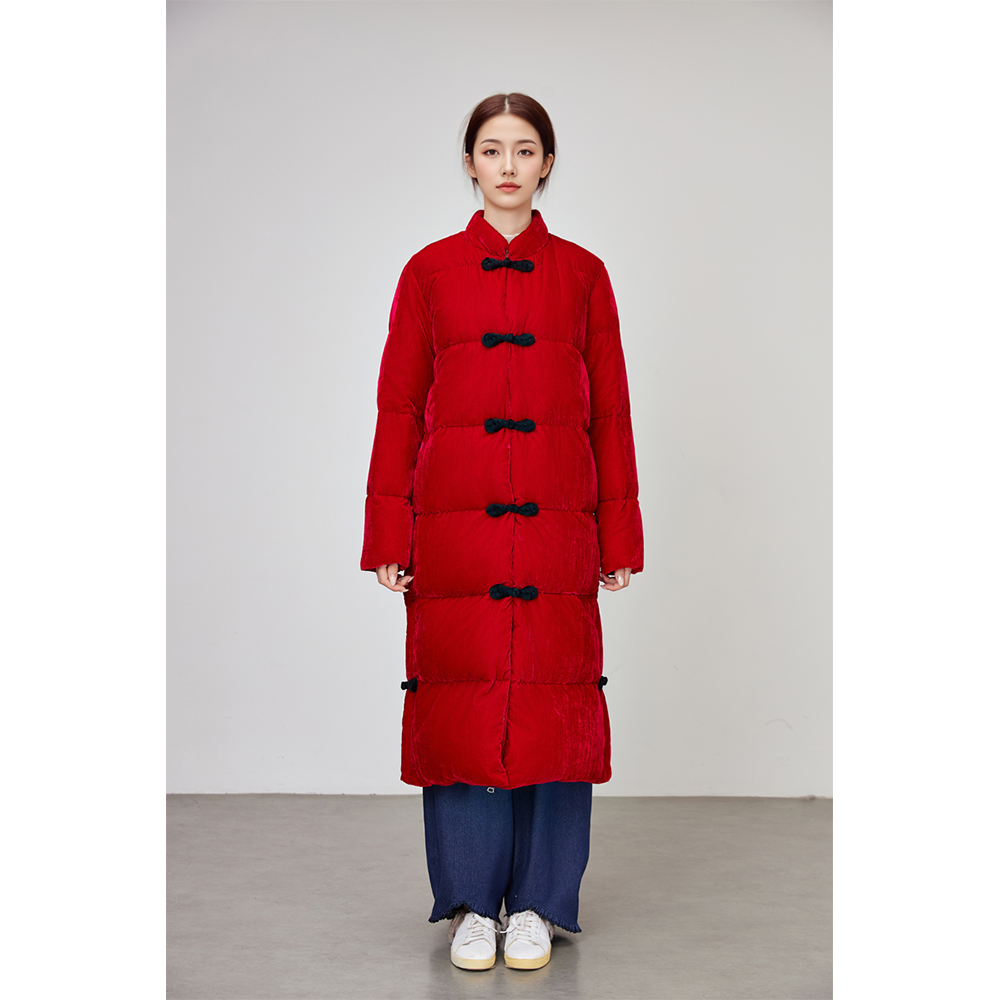 2025新款羽绒服中长款大衣通勤防风保暖翻领面料牛角扣拼接