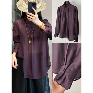 洋气百搭荷叶花边翻领宽松咖色衬衣女高级人丝肌理感微透打底衫春