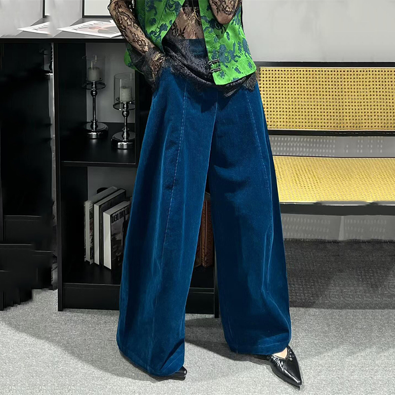 南油精品2025秋新欧货复古蓝色高腰灯芯绒长裤花苞裤休闲阔腿裤女