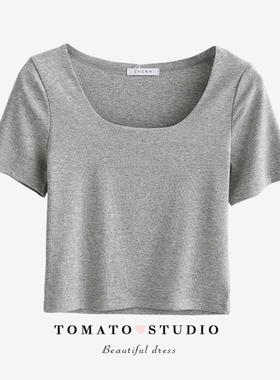 TOMATO SHOP优雅天鹅颈小方领弹力修身短款T恤女短袖2026春夏新款