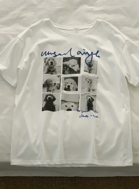 复古少女胶片小狗百搭宽松棉质圆领短袖T恤女