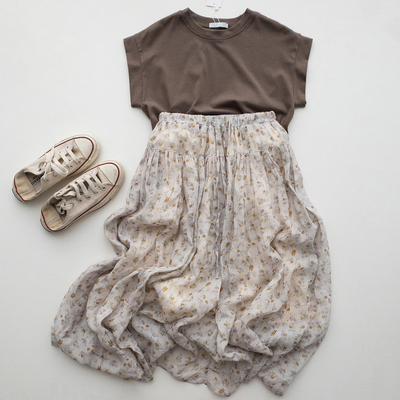 番茄自制～夏日山野苎麻温柔碎花抽绳系带棉麻半身裙