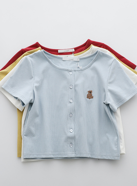 小熊刺绣爱心扣圆领t恤女 美式复古修身高腰上衣2026春夏新款