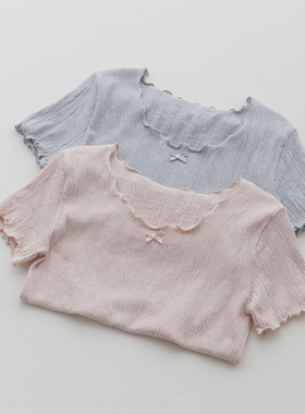 番茄自制~蝴蝶结卷边t恤~ 少女肌理感洗水棉软糯亲肤短袖T恤上衣