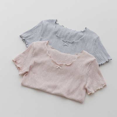 番茄自制~蝴蝶结卷边t恤~ 少女肌理感洗水棉软糯亲肤短袖T恤上衣