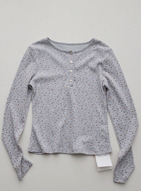 碎花圆领长袖棉T恤 巨舒适～复古少女感百搭亨利衫